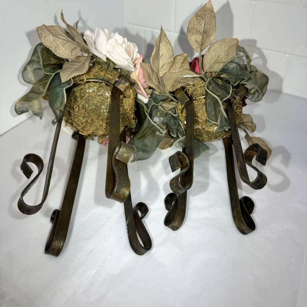 Artificial Pink/Dusty Rose/moss Flower FAUX Bouquet w Iron Legs Green Ribbon‎